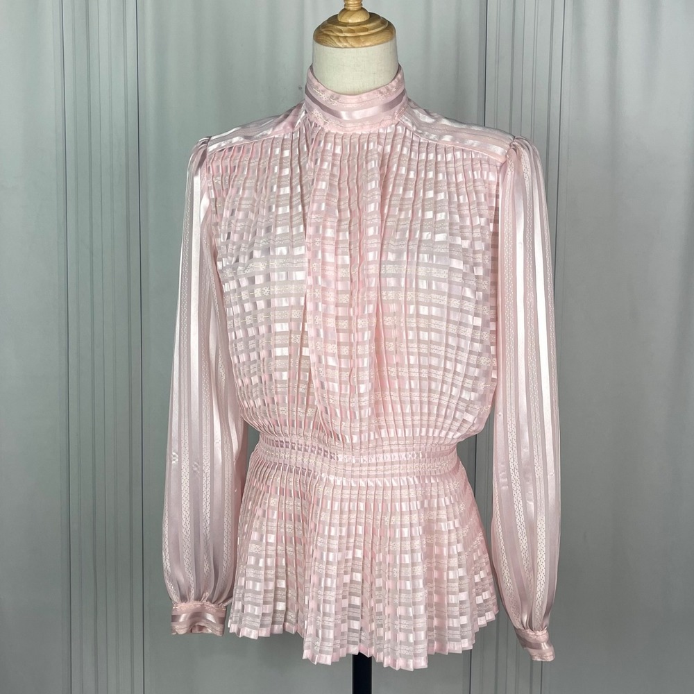 Vintage Nicola - Pink Striped Mock Neck Peplum Top Back Button Blouse - Size 4 - Picture 3 of 16